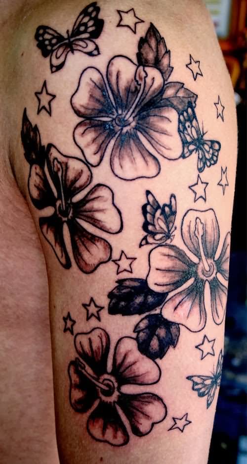 Black And Grey Hibiscus Tattoo On Half Sleeve
