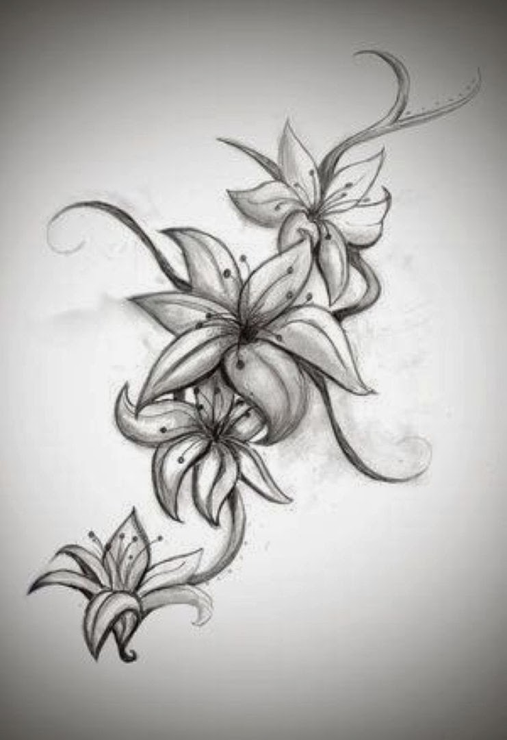 Black And Grey Lily Flower Tattoos Design