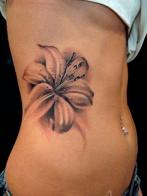 Black And White Hibiscus Tattoo On Girl Side Rib