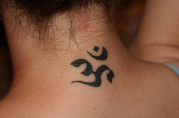 Black Om Symbol Tattoo On Back Neck