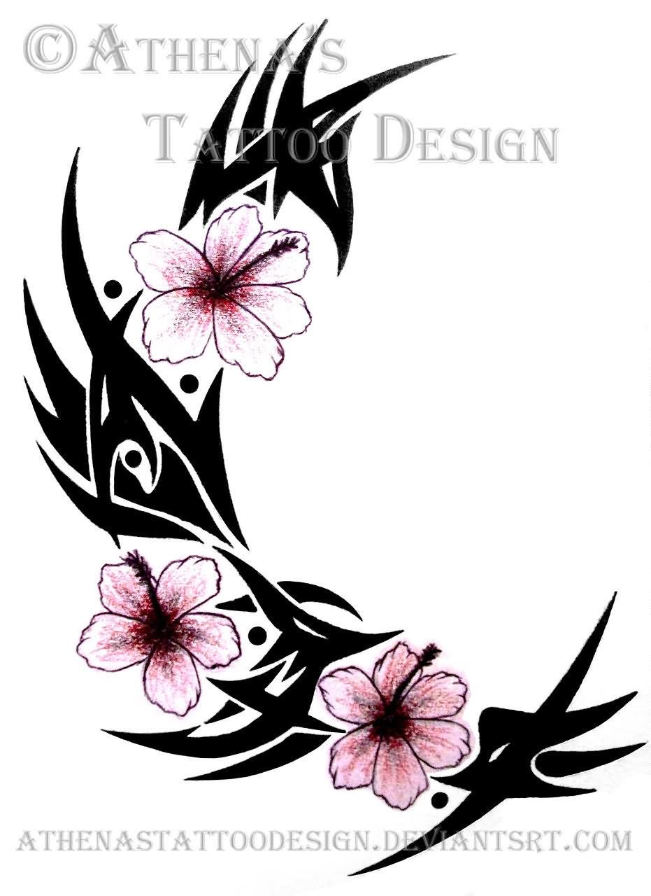 Black Tribal And Pink Hibiscus Tattoo Design