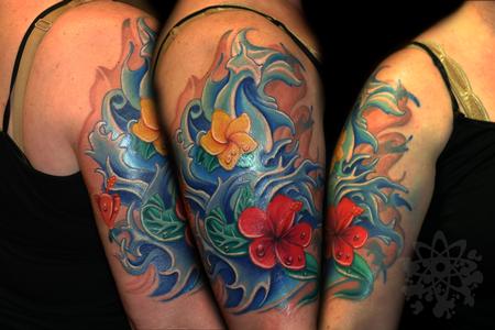 Blue Water Waves And Hibiscus Tattoo On Half Sleeve