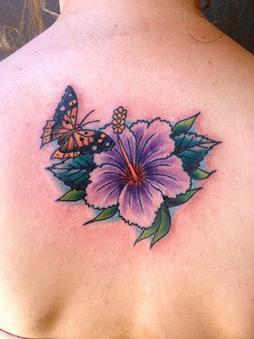 Butterfly And Hibiscus Tattoo On Upper Back