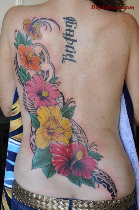 Colored Hibiscus Tattoo On Back Body