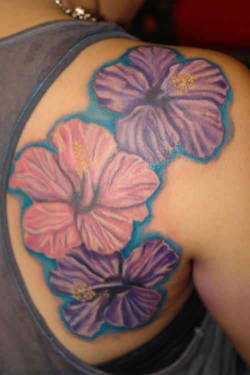 Colored Hibiscus Tattoo On Right Back Shoulder