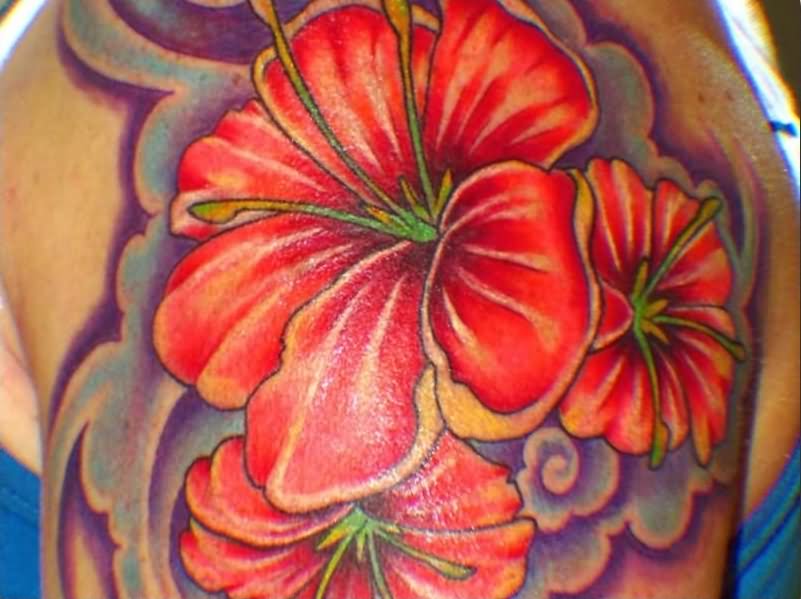 Colored Hibiscus Tattoo On Shoulder
