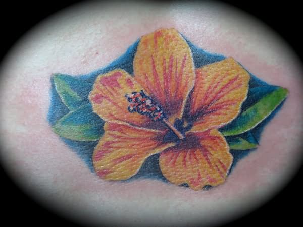 Colored Yellow Flower Hibiscus Tattoo