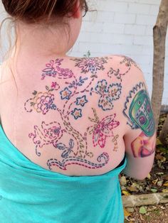 Colorful Cross Stitch Flowers Tattoo On Girl Right Back Shoulder