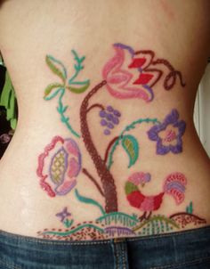 Colorful Cross Stitch Flowers Tattoo On Lower Back