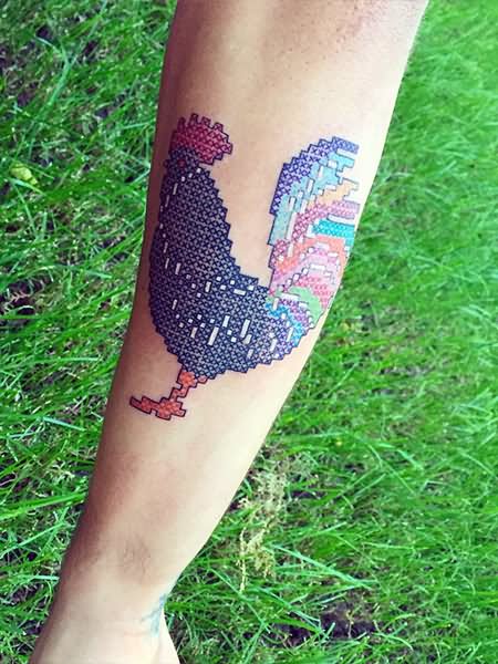 Colorful Cross Stitch Hen Tattoo On Arm