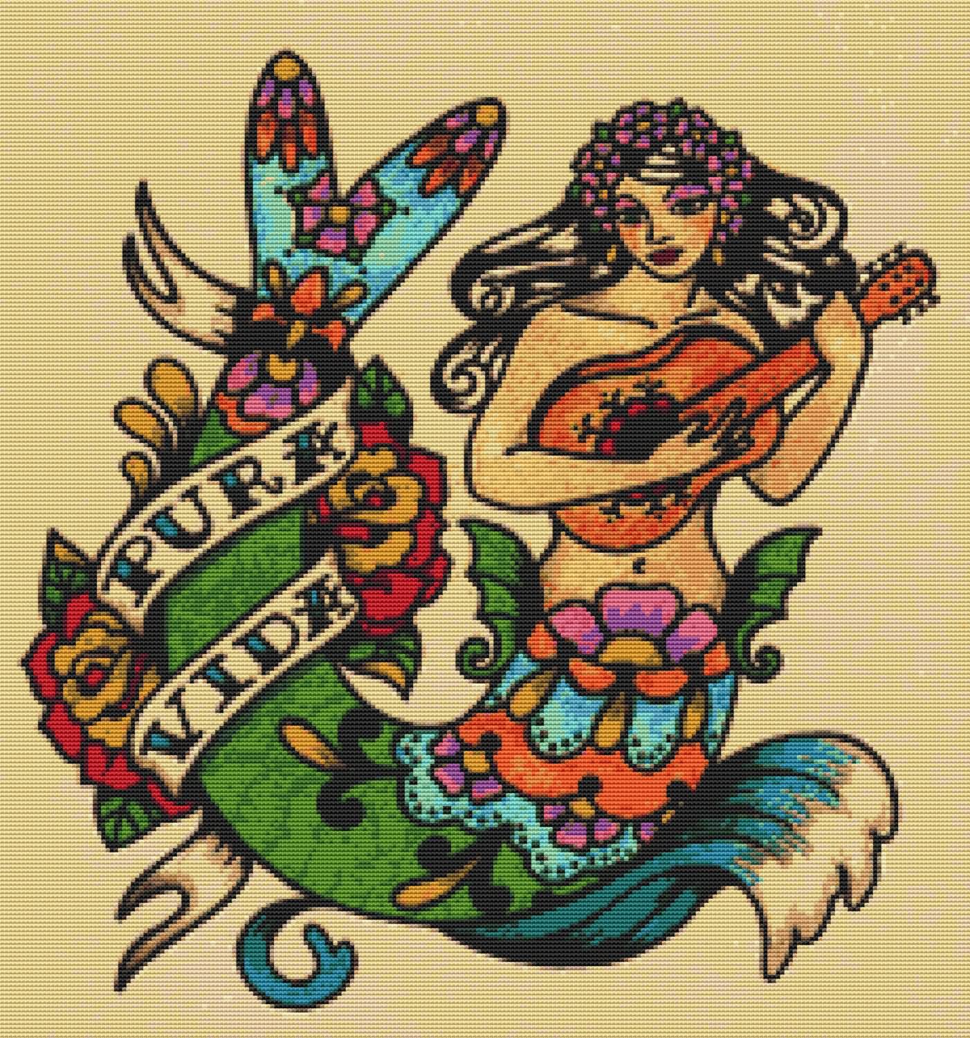 Colorful Cross Stitch Mermaid With Banner And Flowers Tattoo Design