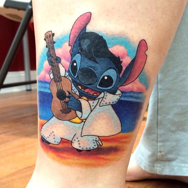 Colorful Elvis Stitch Tattoo Design For Leg
