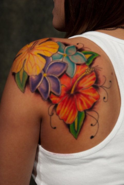 Colorful Hibiscus Tattoo On Back Shoulder