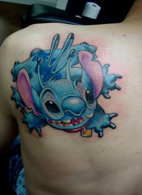 Colorful Stitch Tattoo On Left Back Shoulder