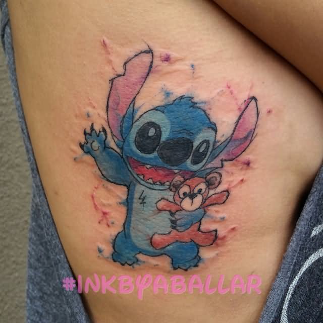 Colorful Stitch With Teddy Tattoo On Side Rib
