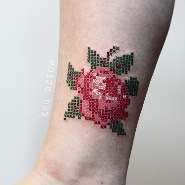 Cool Cross Stitch Rose Tattoo Design For Sleeve