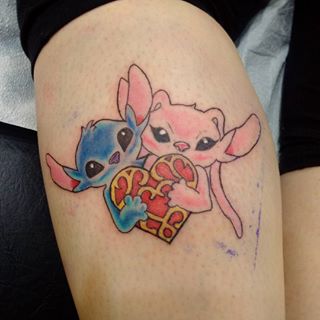 Cool Stitch And Angel With Heart Tattoo Design For Leg
