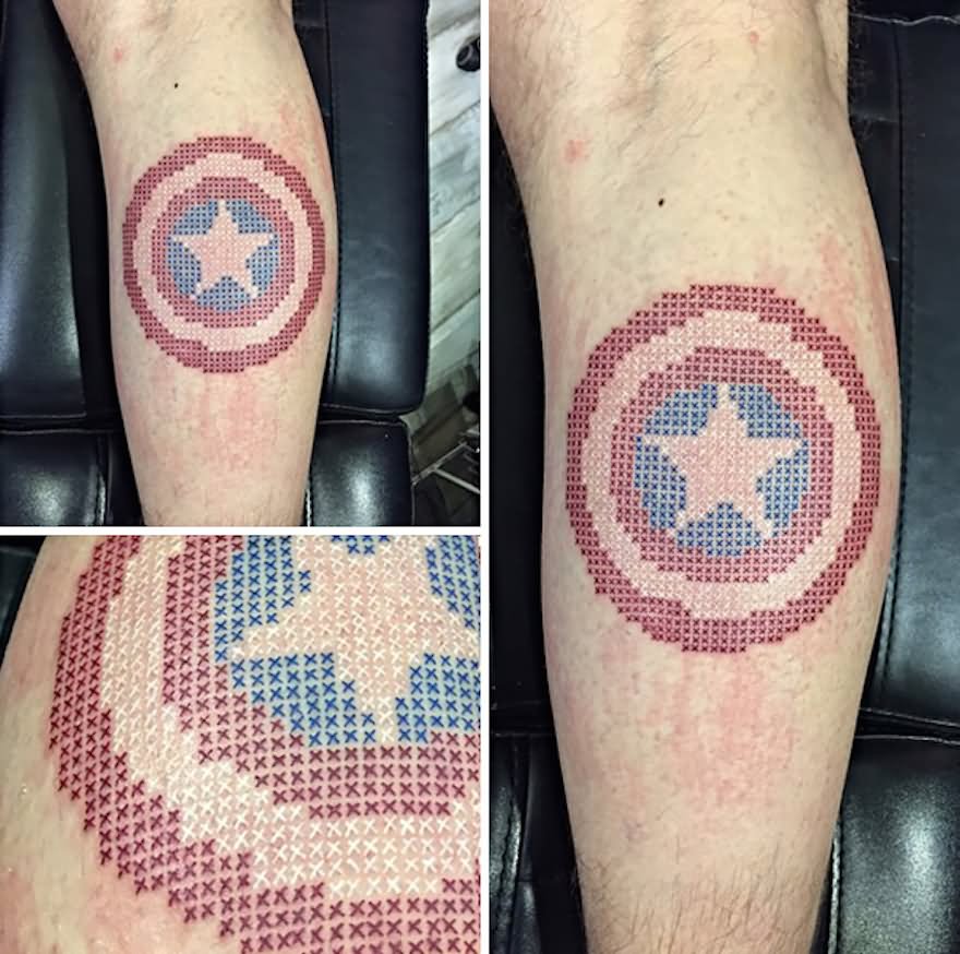 Cross Stitch Captain America Shield Tattoo Design For Leg
