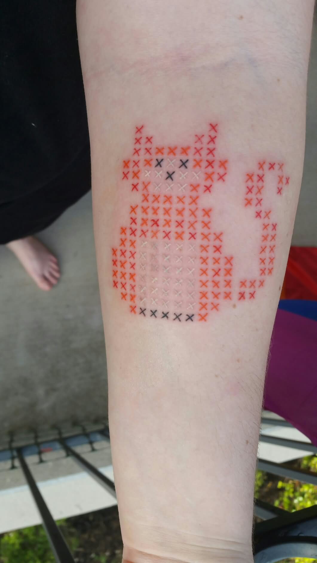 Cross Stitch Cat Tattoo On Forearm