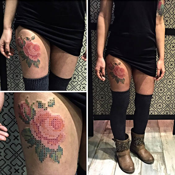 Cross Stitch Flower Tattoo On Girl Thigh