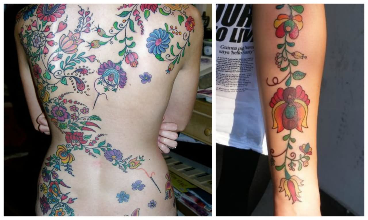 Cross Stitch Flowers Tattoo On Full Back
