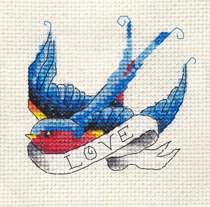 Cross Stitch Flying Bird With Banner Tattoo Design