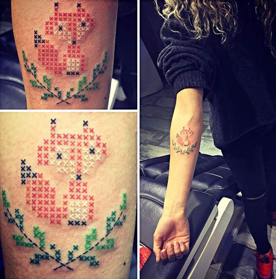 Cross Stitch Fox Tattoo On Forearm