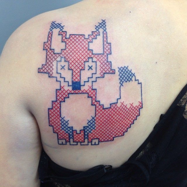 Cross Stitch Fox Tattoo On Left Back Shoulder