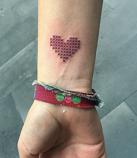 Cross Stitch Heart Tattoo On Wrist