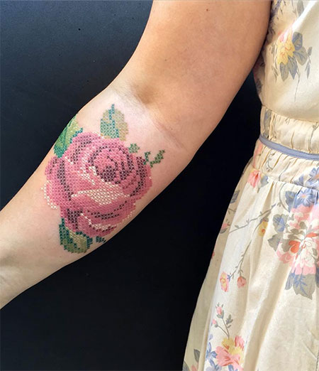 Cross Stitch Rose Tattoo On Girl Right Forearm
