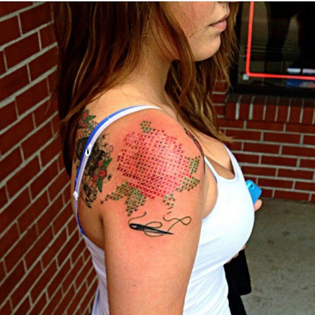 Cross Stitch Rose Tattoo On Girl Right Shoulder