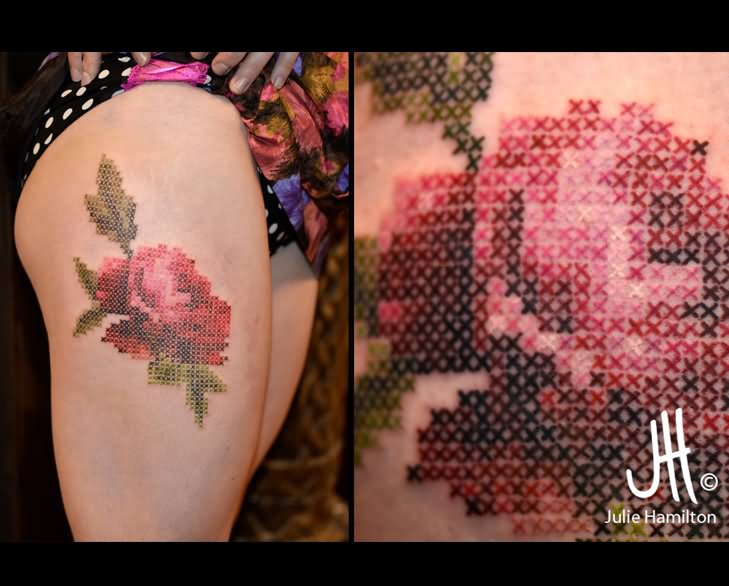 Cross Stitch Rose Tattoo On Girl Right Thigh