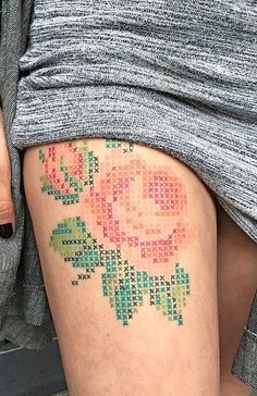 Cross Stitch Rose Tattoo On Girl Thigh