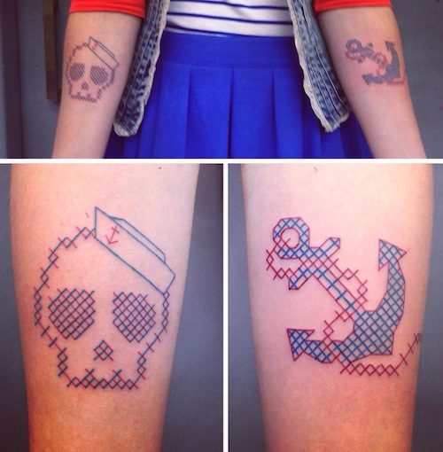 Cross Stitch Skull And Anchor Tattoo On Both Forearm