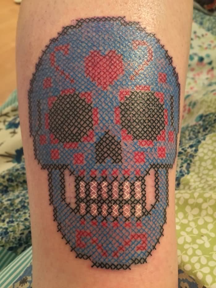 Cross Stitch Sugar Skull Tattoo Design For Arm