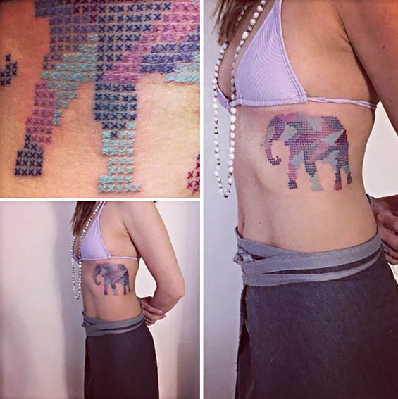 Cute Colorful Cross Stitch Elephant Tattoo On Girl Side Rib