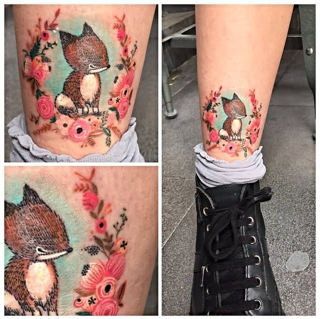 Cute Cross Stitch Fox Tattoo On Leg