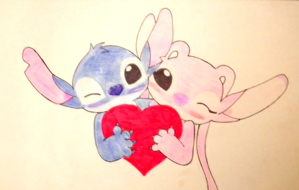 Cute Stitch And Angel With Heart Tattoo Design