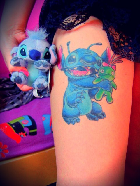 Cute Stitch Tattoo On Girl Thigh
