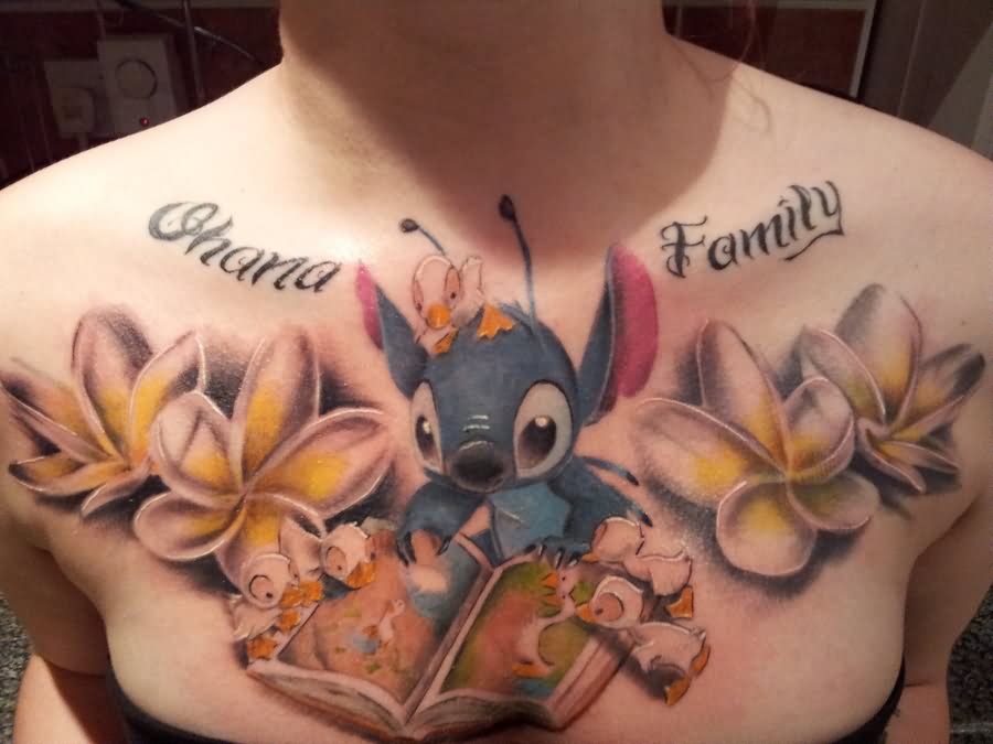 Elvis Stitch With Flowers Tattoo On Chest