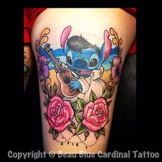 Elvis Stitch With Guitar And Flowers Tattoo Design For Thigh
