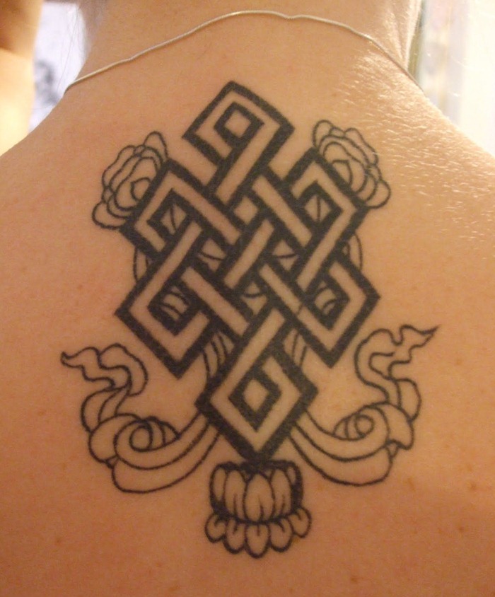 Endless Knot Symbol Tattoo On Upper Back