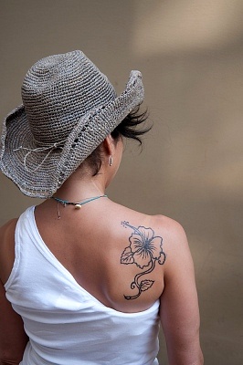 Girl Right Back Shoulder Black And White Hibiscus Tattoo