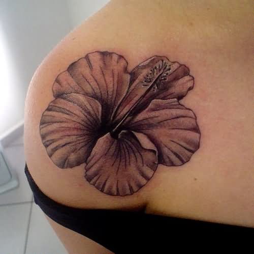 Grey Ink Hibiscus Flower Tattoo On Front Shoulder
