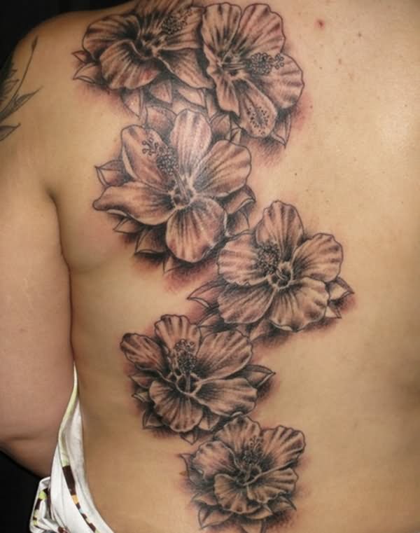 Grey Ink Hibiscus Flower Tattoos On Back