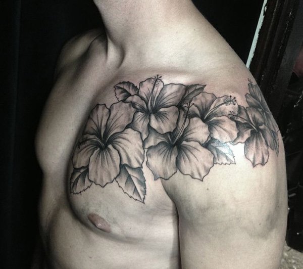 Grey Ink Hibiscus Tattoo On Front Shoulder