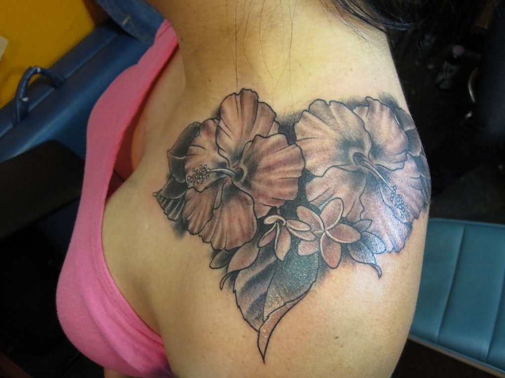Grey Ink Hibiscus Tattoo On Left Shoulder