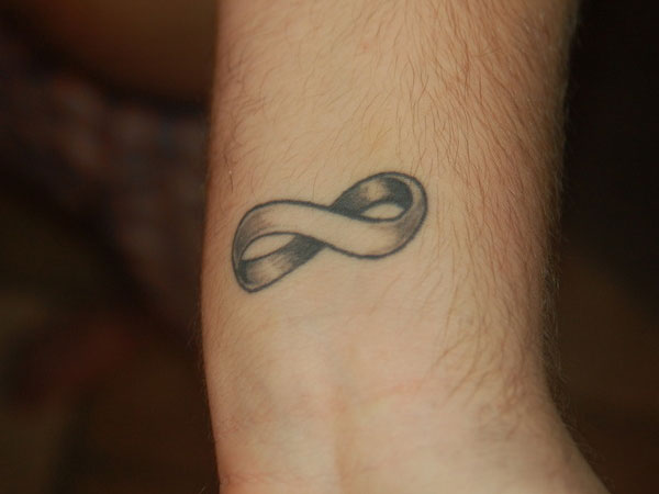 Grey Ink Infinity Symbol Tattoo On Wrist