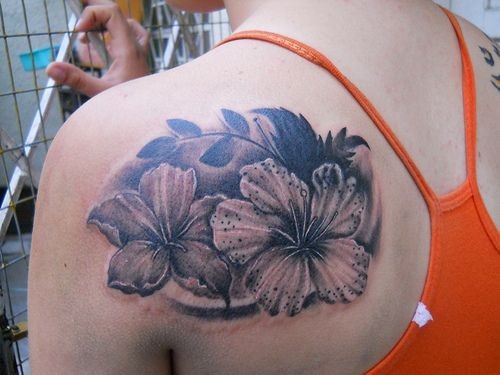 Hibiscus Black And White Tattoo On Left Back Shoulder