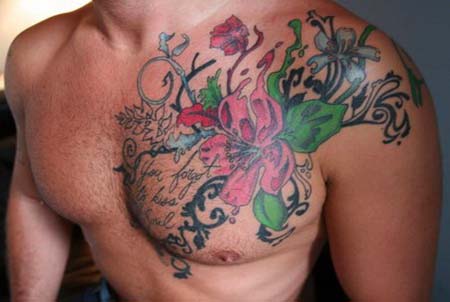 Hibiscus Floral Tattoo On Front Shoulder